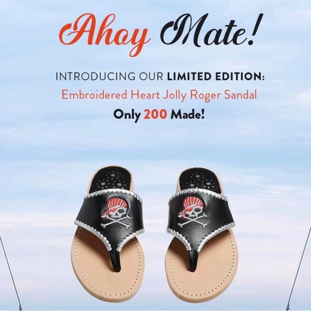 🆕 Jack Rogers Embroidered Heart Pirate Jolly Roger Leather Sandals